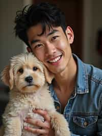 masculine  man posing with a cute pet