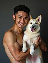 masculine  man posing with a cute pet