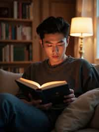 masculine  man reading a book in a cozy home environment