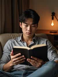 masculine  man reading a book in a cozy home environment