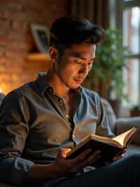 masculine  man reading a book in a cozy home environment