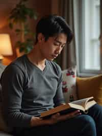 masculine  man reading a book in a cozy home environment