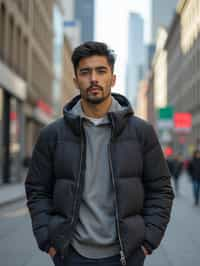 masculine  man taking a casual stroll through a cityscape