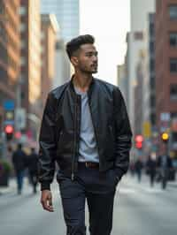 masculine  man taking a casual stroll through a cityscape