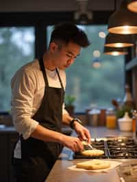 masculine  man cooking or baking in a modern kitchen