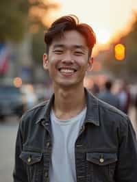 headshot of smiling man wearing casual clothes posing for dating app headshot. outdoor blurry background. the lighting is warm, possibly from a setting sun, creating a soft glow around him, enhancing the casual and relaxed vibe of the image. the setting seems to be outdoors, likely in an urban environment, with the blurred background hinting at a street or park-like area. this image likely portrays a youthful, active, and approachable individual, possibly in a lifestyle or fashion-related context.