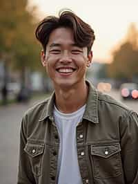 headshot of smiling man wearing casual clothes posing for dating app headshot. outdoor blurry background. the lighting is warm, possibly from a setting sun, creating a soft glow around him, enhancing the casual and relaxed vibe of the image. the setting seems to be outdoors, likely in an urban environment, with the blurred background hinting at a street or park-like area. this image likely portrays a youthful, active, and approachable individual, possibly in a lifestyle or fashion-related context.