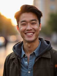 headshot of smiling man wearing casual clothes posing for dating app headshot. outdoor blurry background. the lighting is warm, possibly from a setting sun, creating a soft glow around him, enhancing the casual and relaxed vibe of the image. the setting seems to be outdoors, likely in an urban environment, with the blurred background hinting at a street or park-like area. this image likely portrays a youthful, active, and approachable individual, possibly in a lifestyle or fashion-related context.