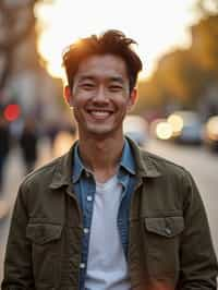 headshot of smiling man wearing casual clothes posing for dating app headshot. outdoor blurry background. the lighting is warm, possibly from a setting sun, creating a soft glow around him, enhancing the casual and relaxed vibe of the image. the setting seems to be outdoors, likely in an urban environment, with the blurred background hinting at a street or park-like area. this image likely portrays a youthful, active, and approachable individual, possibly in a lifestyle or fashion-related context.