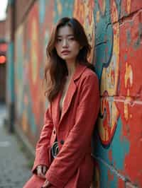 a fashionable  feminine woman posing in front of street art