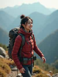 an adventurous  feminine woman hiking in the mountains