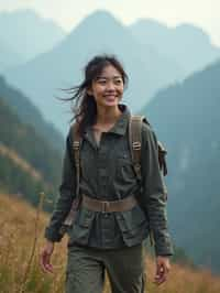 an adventurous  feminine woman hiking in the mountains