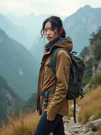 an adventurous  feminine woman hiking in the mountains