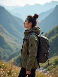 an adventurous  feminine woman hiking in the mountains