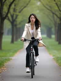 a stylish  feminine woman enjoying a leisurely bike ride along a scenic path