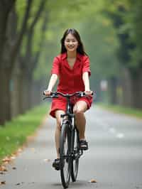 a stylish  feminine woman enjoying a leisurely bike ride along a scenic path