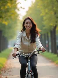 a stylish  feminine woman enjoying a leisurely bike ride along a scenic path