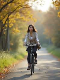 a stylish  feminine woman enjoying a leisurely bike ride along a scenic path