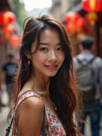 a charismatic  feminine woman exploring a street market