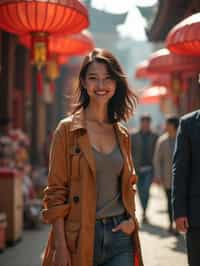 a charismatic  feminine woman exploring a street market