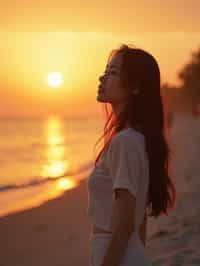 feminine woman enjoying a sunset at a beach or park