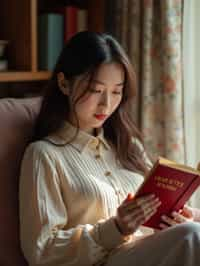 feminine woman reading a book in a cozy home environment