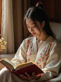 feminine woman reading a book in a cozy home environment