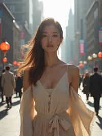 feminine woman taking a casual stroll through a cityscape