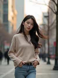 feminine woman taking a casual stroll through a cityscape