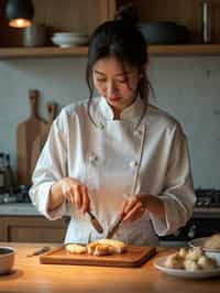 feminine woman cooking or baking in a modern kitchen