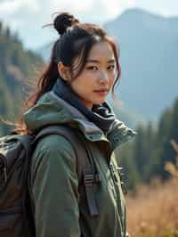 feminine woman in going hiking outdoors in mountains