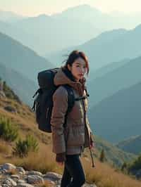 feminine woman in going hiking outdoors in mountains