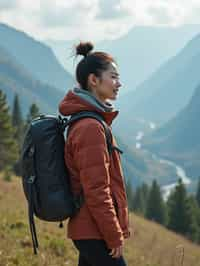 feminine woman in going hiking outdoors in mountains