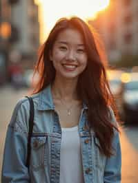 headshot of smiling woman wearing casual clothes posing for dating app headshot. outdoor blurry background. the lighting is warm, possibly from a setting sun, creating a soft glow around him, enhancing the casual and relaxed vibe of the image. the setting seems to be outdoors, likely in an urban environment, with the blurred background hinting at a street or park-like area. this image likely portrays a youthful, active, and approachable individual, possibly in a lifestyle or fashion-related context.