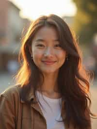 headshot of smiling woman wearing casual clothes posing for dating app headshot. outdoor blurry background. the lighting is warm, possibly from a setting sun, creating a soft glow around him, enhancing the casual and relaxed vibe of the image. the setting seems to be outdoors, likely in an urban environment, with the blurred background hinting at a street or park-like area. this image likely portrays a youthful, active, and approachable individual, possibly in a lifestyle or fashion-related context.