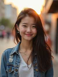 headshot of smiling woman wearing casual clothes posing for dating app headshot. outdoor blurry background. the lighting is warm, possibly from a setting sun, creating a soft glow around him, enhancing the casual and relaxed vibe of the image. the setting seems to be outdoors, likely in an urban environment, with the blurred background hinting at a street or park-like area. this image likely portrays a youthful, active, and approachable individual, possibly in a lifestyle or fashion-related context.