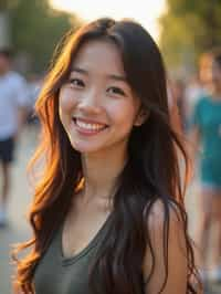 headshot of smiling woman wearing casual clothes posing for dating app headshot. outdoor blurry background. the lighting is warm, possibly from a setting sun, creating a soft glow around him, enhancing the casual and relaxed vibe of the image. the setting seems to be outdoors, likely in an urban environment, with the blurred background hinting at a street or park-like area. this image likely portrays a youthful, active, and approachable individual, possibly in a lifestyle or fashion-related context.