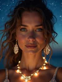 woman with magnetic appeal, adorned in sparkling jewelry , against a starry night backdrop