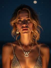 woman with magnetic appeal, adorned in sparkling jewelry , against a starry night backdrop