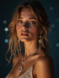 woman with magnetic appeal, adorned in sparkling jewelry , against a starry night backdrop