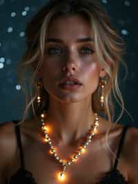 woman with magnetic appeal, adorned in sparkling jewelry , against a starry night backdrop