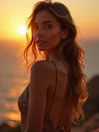 woman in sophisticated evening wear , radiating allure under the soft glow of a sunset