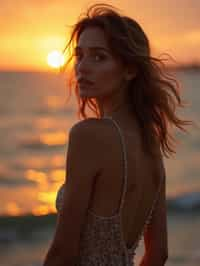 woman in sophisticated evening wear , radiating allure under the soft glow of a sunset