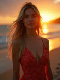 woman in sophisticated evening wear , radiating allure under the soft glow of a sunset