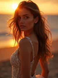 woman in sophisticated evening wear , radiating allure under the soft glow of a sunset