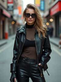 woman in daring, edgy ensemble  against an edgy urban backdrop