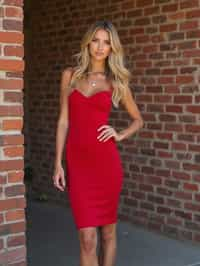 (full-body shot) of woman in bold, fitted dress  against a classic brick wall background