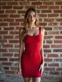 (full-body shot) of woman in bold, fitted dress  against a classic brick wall background