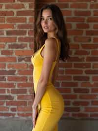 (full-body shot) of woman in bold, fitted dress  against a classic brick wall background