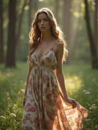 woman with enticing allure in flowy bohemian dress  in a serene forest setting